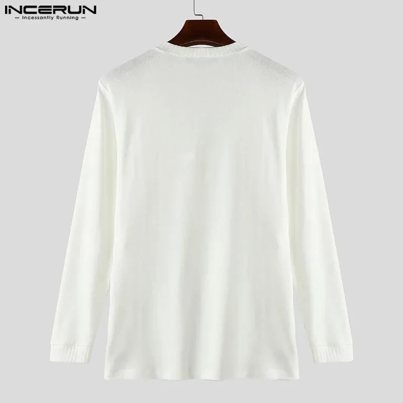 INCERUN männer Casual Langarm Tops Amerikanische Mode Solide Elegante Tees Aushöhlen Sexy Quadrat Kragen Streetwear Männliche T-shirt