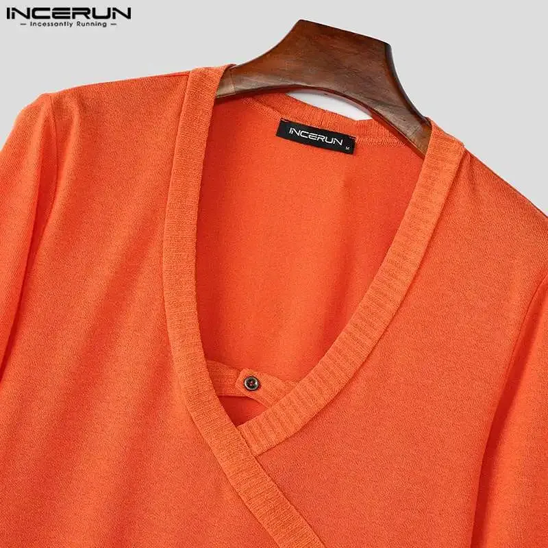 INCERUN männer Casual Langarm Tops Amerikanische Mode Solide Elegante Tees Aushöhlen Sexy Quadrat Kragen Streetwear Männliche T-shirt