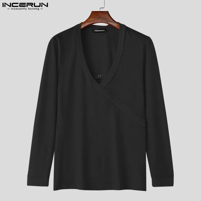 INCERUN männer Casual Langarm Tops Amerikanische Mode Solide Elegante Tees Aushöhlen Sexy Quadrat Kragen Streetwear Männliche T-shirt