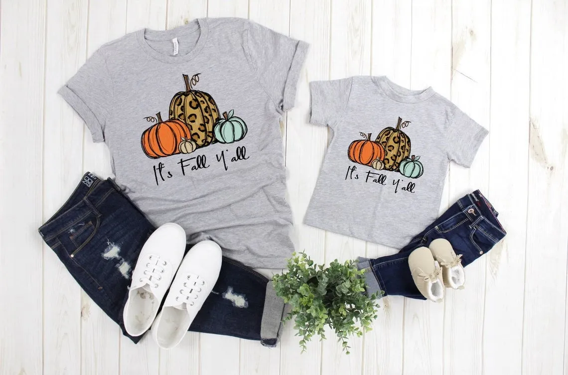 It's Fall Y'all Leopard Pumpkin Thanksgiving Autumn Hay Ride Orchard Adult Kids Toddler Long Sleeve Shirt