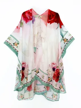 JC062647 Peony Floral with Aqua Border-Accent Kimono