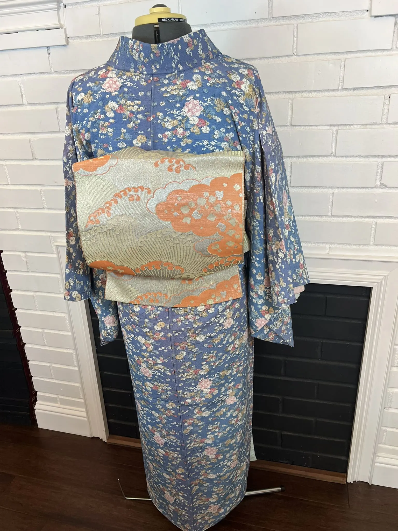 KIMONO and OBI 2 pc set, Floral, Blue, Size: S-M / Japanese Traditional Women's Kimono and Nagoya Obi