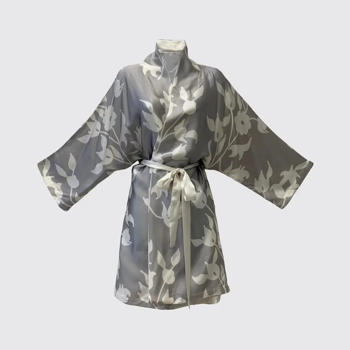 Kimono Silk Robe - Grey With White Foliage