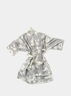 Kimono Silk Robe - Grey With White Foliage