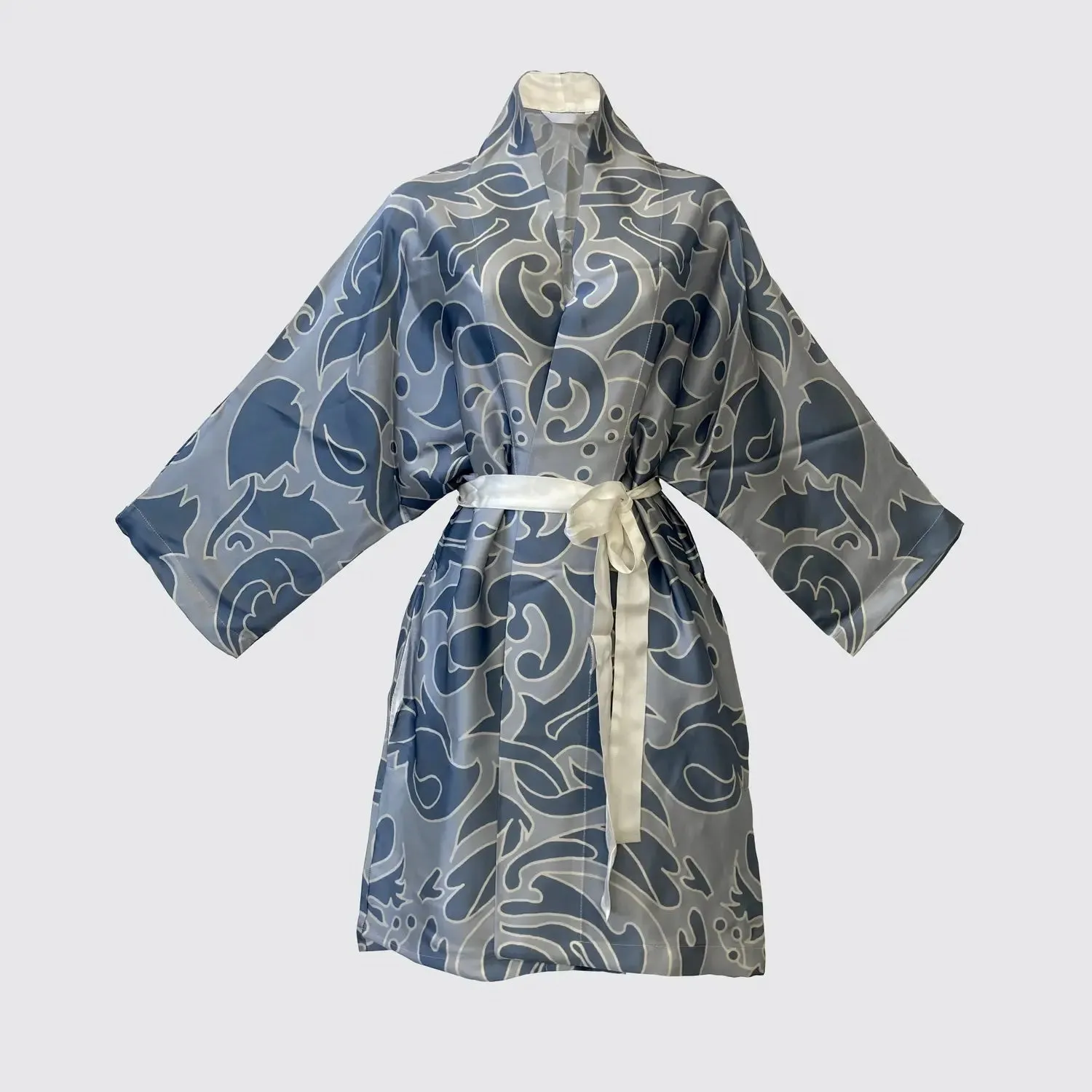 Kimono Silk Robe - Hummingbird Damask Blue on Blue