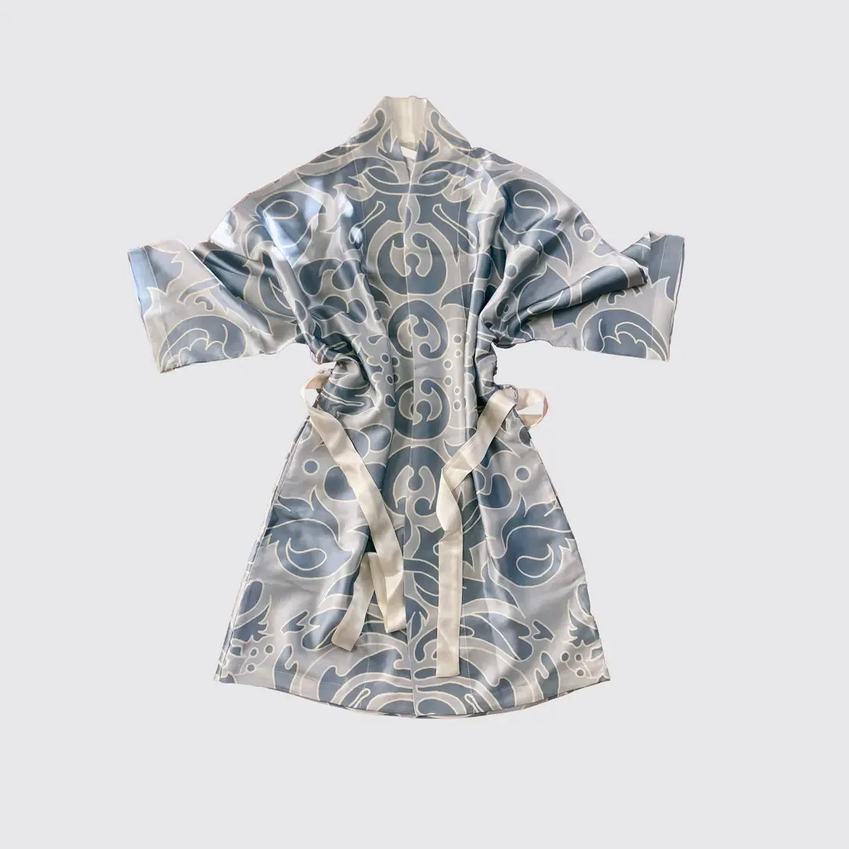 Kimono Silk Robe - Hummingbird Damask Blue on Blue