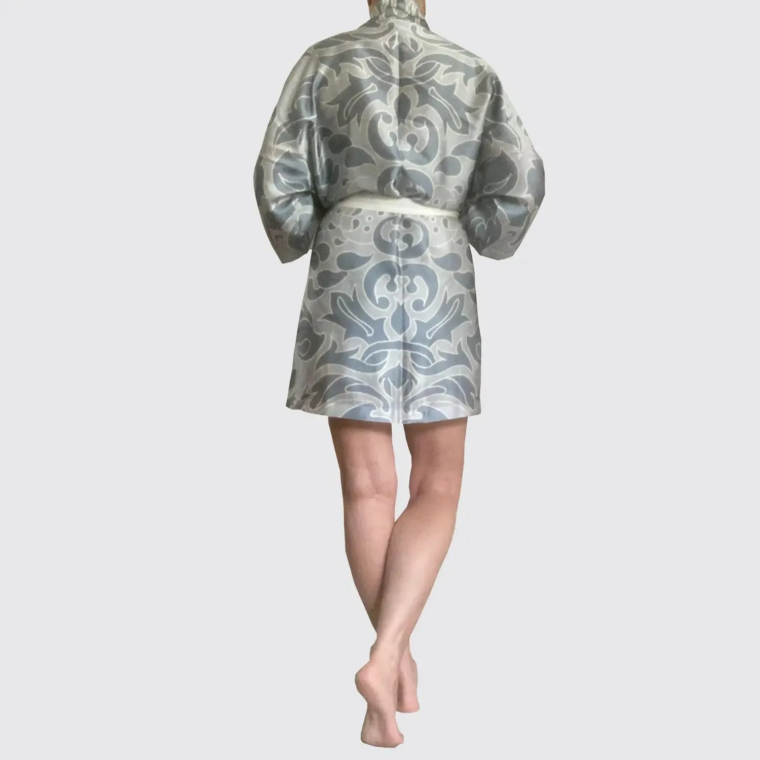 Kimono Silk Robe - Hummingbird Damask Blue on Blue