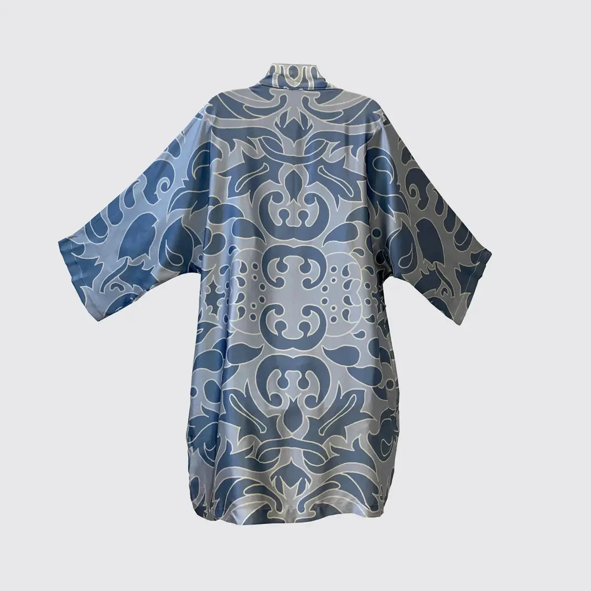 Kimono Silk Robe - Hummingbird Damask Blue on Blue