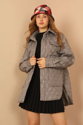 KKT Quilted Fabric Double Stitch Pattern Women Coats-Grey - New Albany