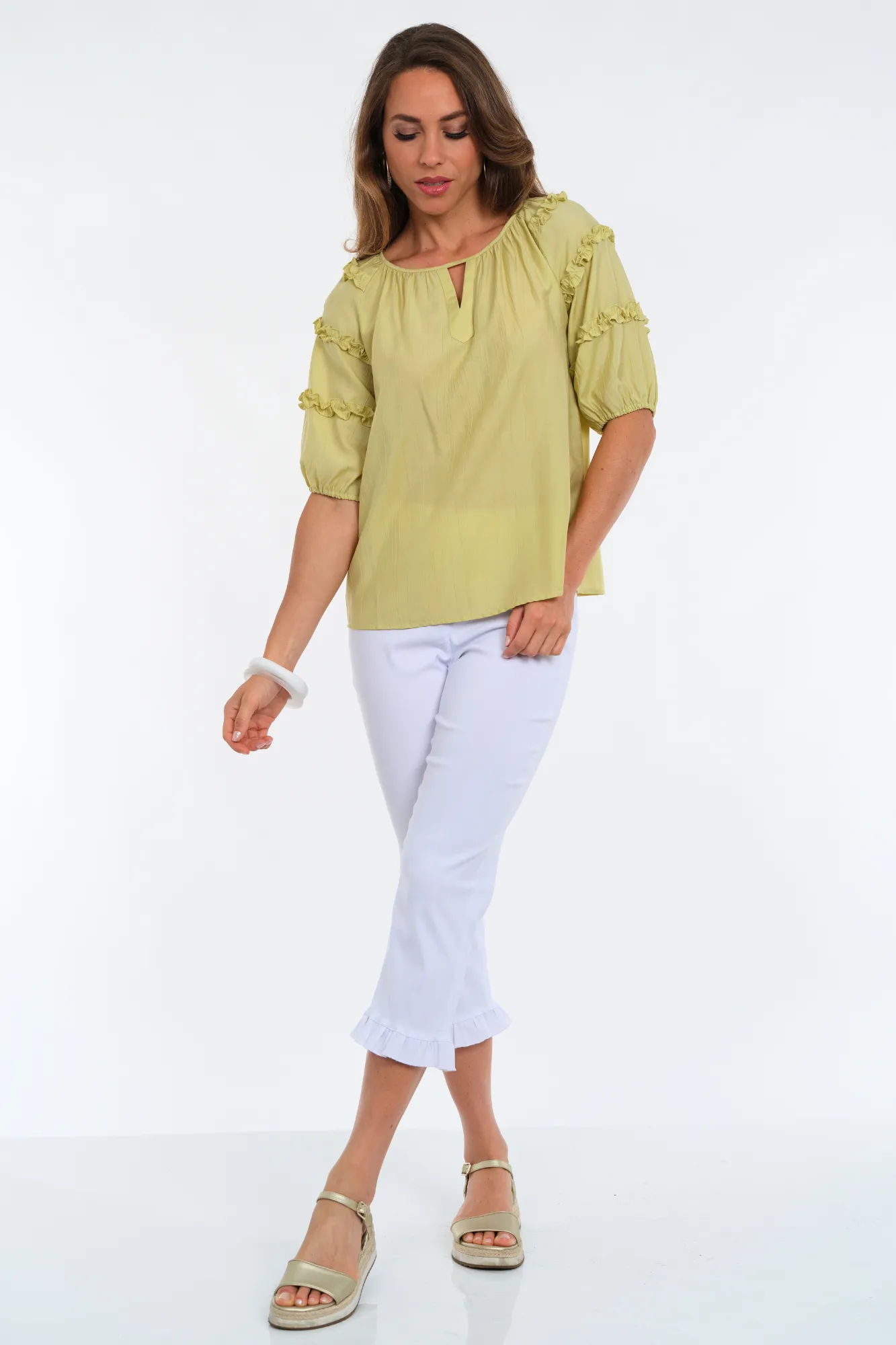 LIOR Woman's Round Neck Ribbon Ruffle Sleeve Tunic Top-"Blythe"