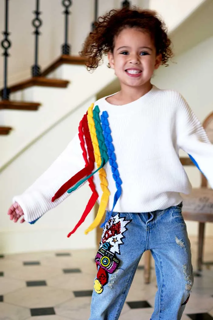Little Girls Medium Wash Distressed Comic Book Sequin Patch Relaxed Fit Boyfriend Jeans