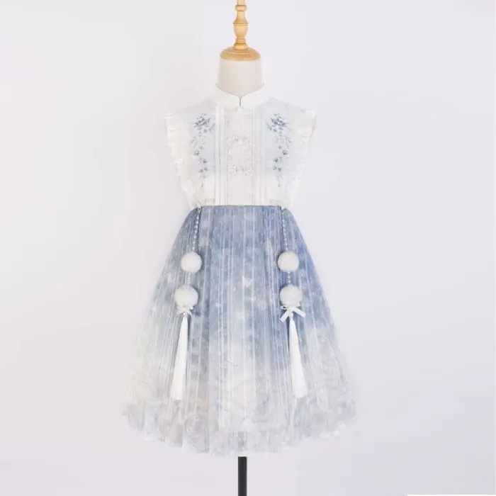 Lolita Sleeveless Mandarin Collar Floral Embroidered Pintuck Panel Mini A-Line Dress / Collared Floral Applique Crop Button Jacket / Set