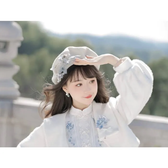 Lolita Sleeveless Mandarin Collar Floral Embroidered Pintuck Panel Mini A-Line Dress / Collared Floral Applique Crop Button Jacket / Set