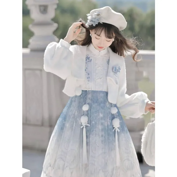 Lolita Sleeveless Mandarin Collar Floral Embroidered Pintuck Panel Mini A-Line Dress / Collared Floral Applique Crop Button Jacket / Set