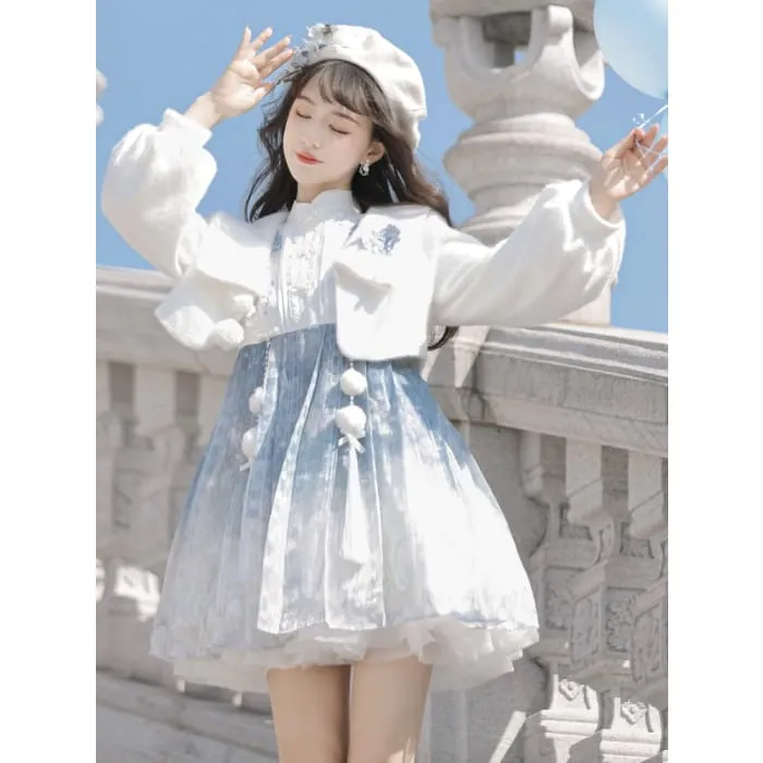Lolita Sleeveless Mandarin Collar Floral Embroidered Pintuck Panel Mini A-Line Dress / Collared Floral Applique Crop Button Jacket / Set