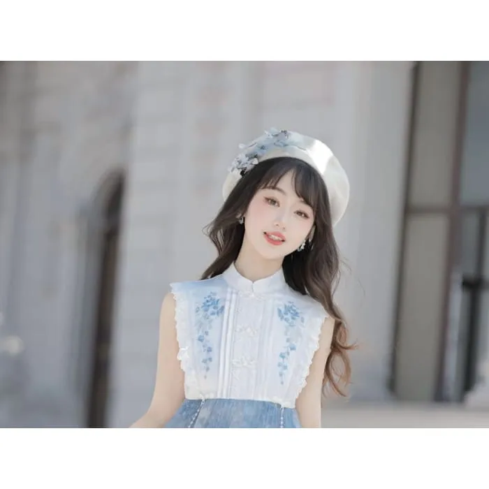 Lolita Sleeveless Mandarin Collar Floral Embroidered Pintuck Panel Mini A-Line Dress / Collared Floral Applique Crop Button Jacket / Set