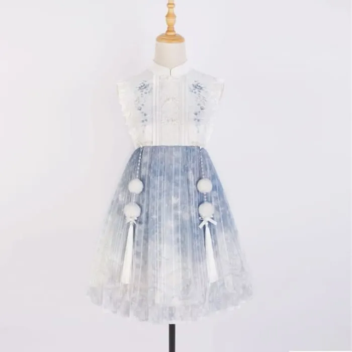 Lolita Sleeveless Mandarin Collar Floral Embroidered Pintuck Panel Mini A-Line Dress / Collared Floral Applique Crop Button Jacket / Set