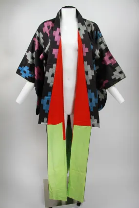 Long black colourfully patterned Kimono - S/M