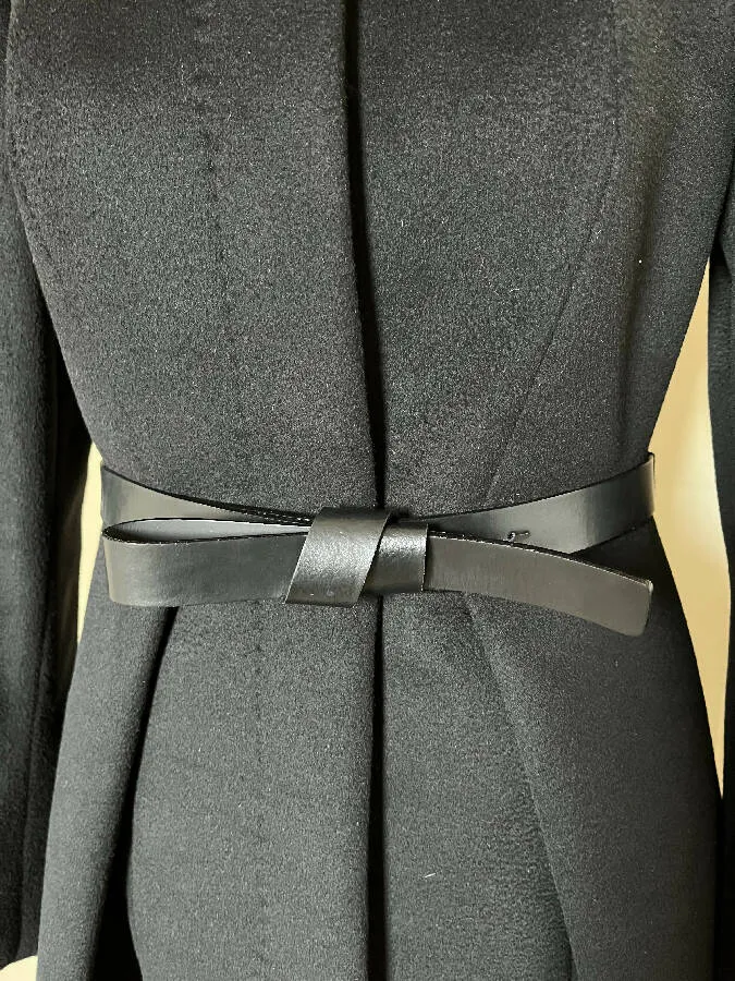 MaxMara women's black wool belted fitted coat with pleated skirt