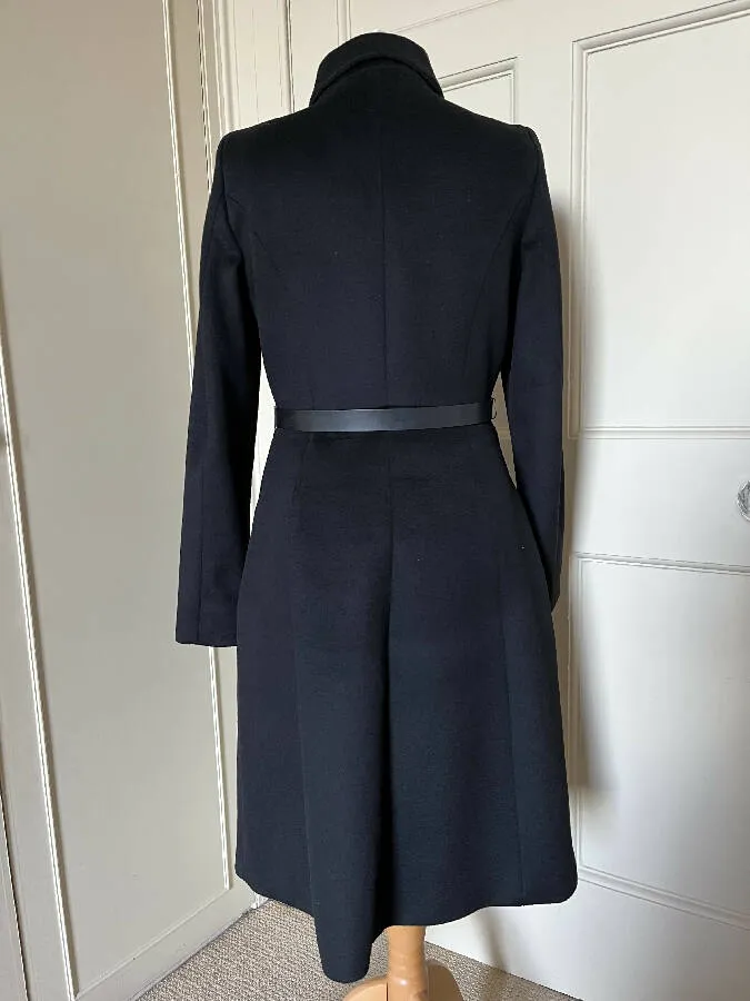 MaxMara women's black wool belted fitted coat with pleated skirt