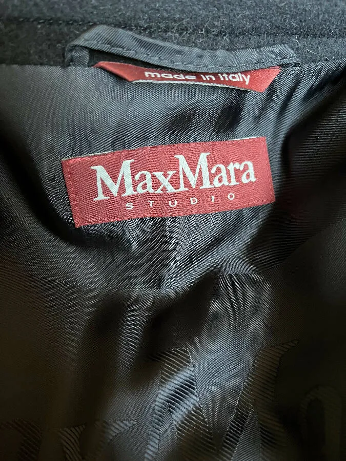 MaxMara women's black wool belted fitted coat with pleated skirt