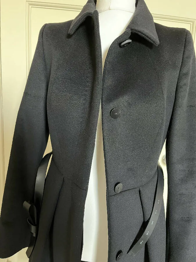MaxMara women's black wool belted fitted coat with pleated skirt