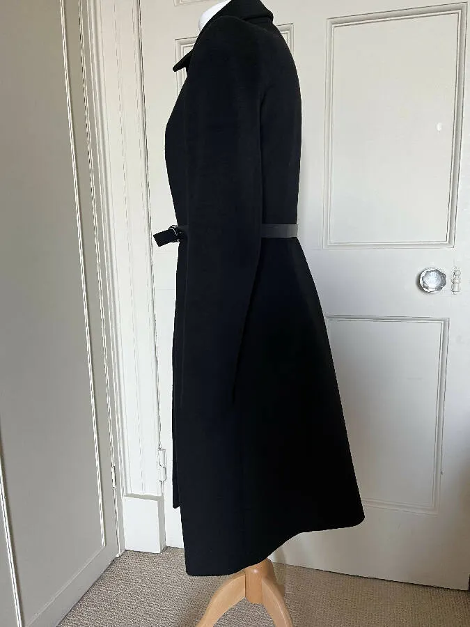 MaxMara women's black wool belted fitted coat with pleated skirt