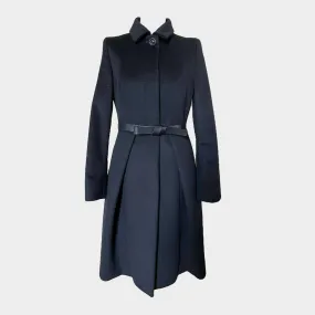 MaxMara women's black wool belted fitted coat with pleated skirt