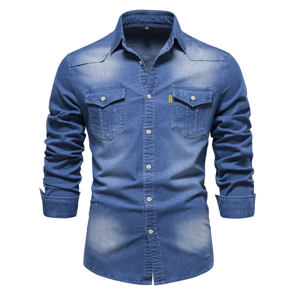 Men Long Sleeve Cowboy Denim Shirt
