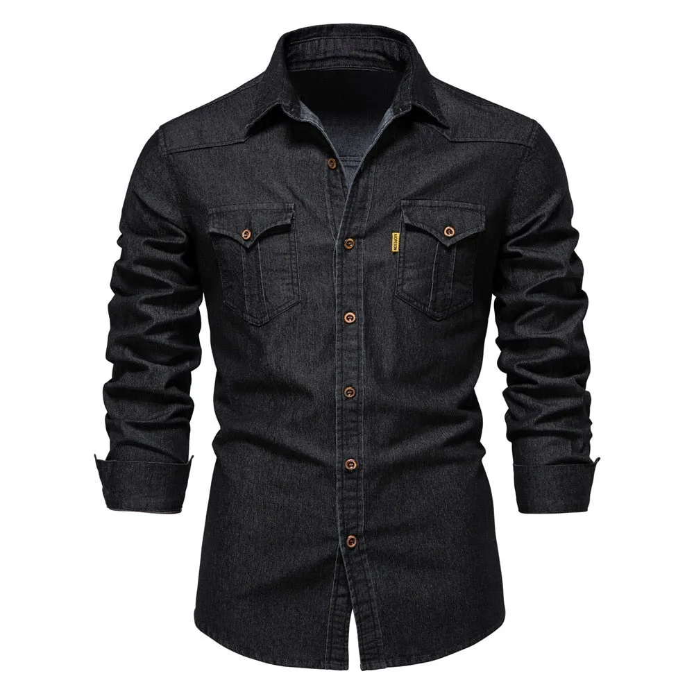 Men Long Sleeve Cowboy Denim Shirt