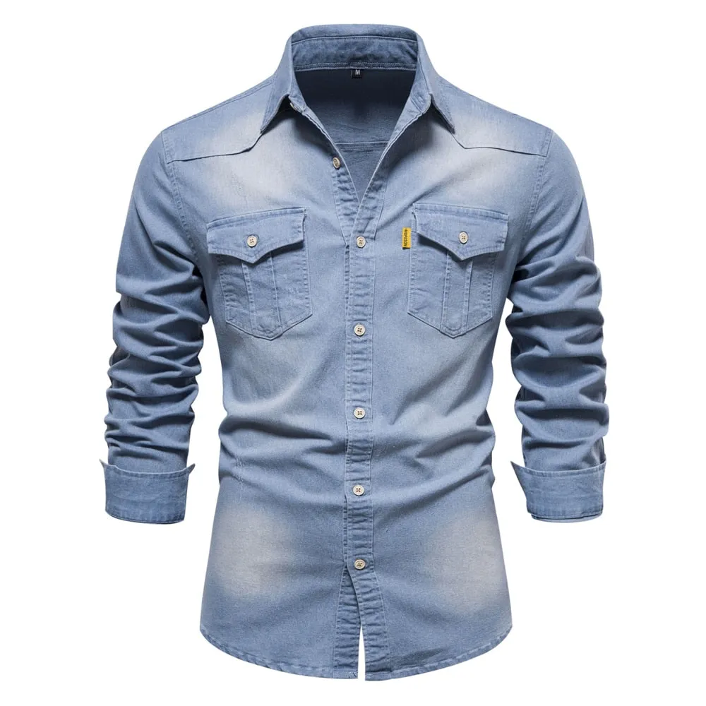 Men Long Sleeve Cowboy Denim Shirt