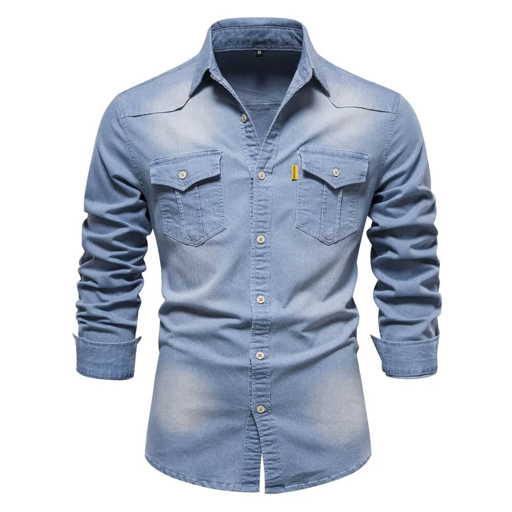 Men Long Sleeve Cowboy Denim Shirt