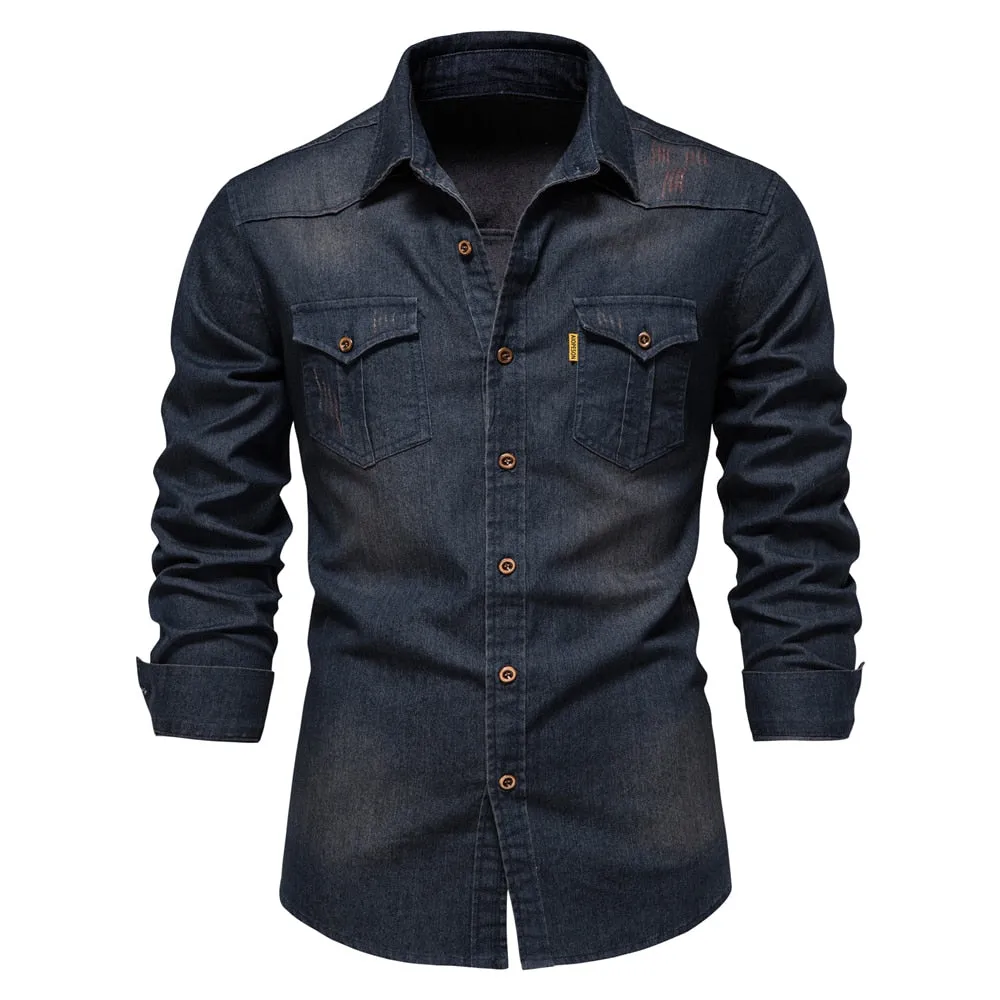 Men Long Sleeve Cowboy Denim Shirt