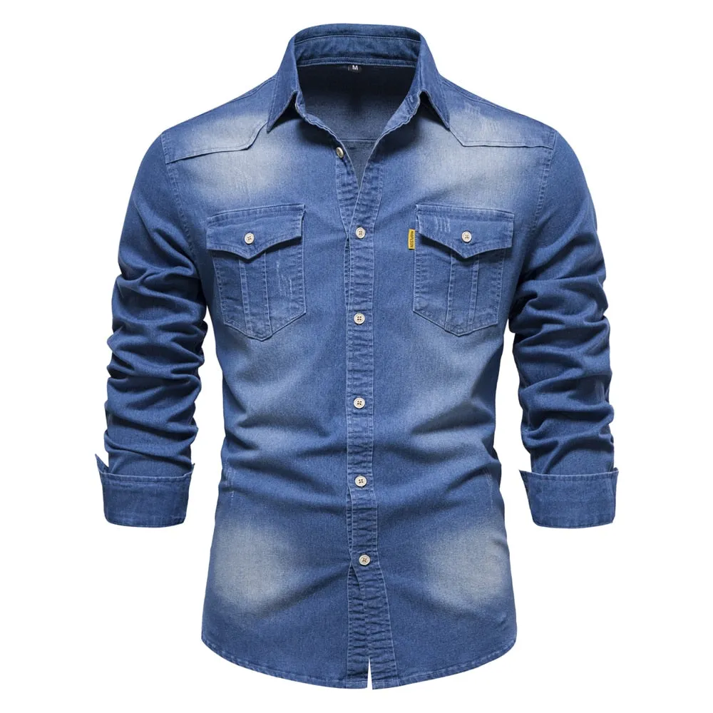 Men Long Sleeve Cowboy Denim Shirt