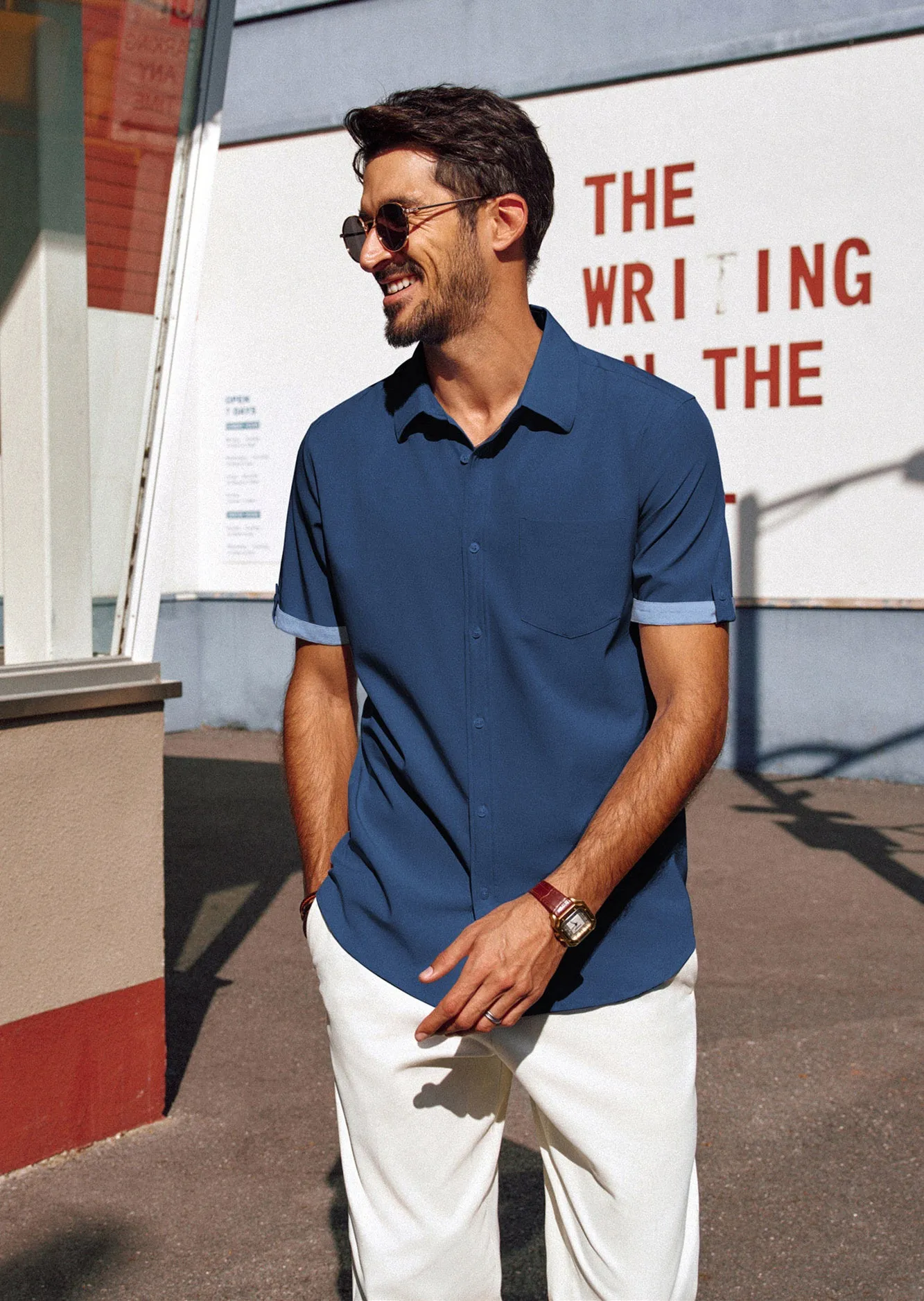 Men Straight Shirt Casual Short Sleeve Lapel Collar Button-up Tops