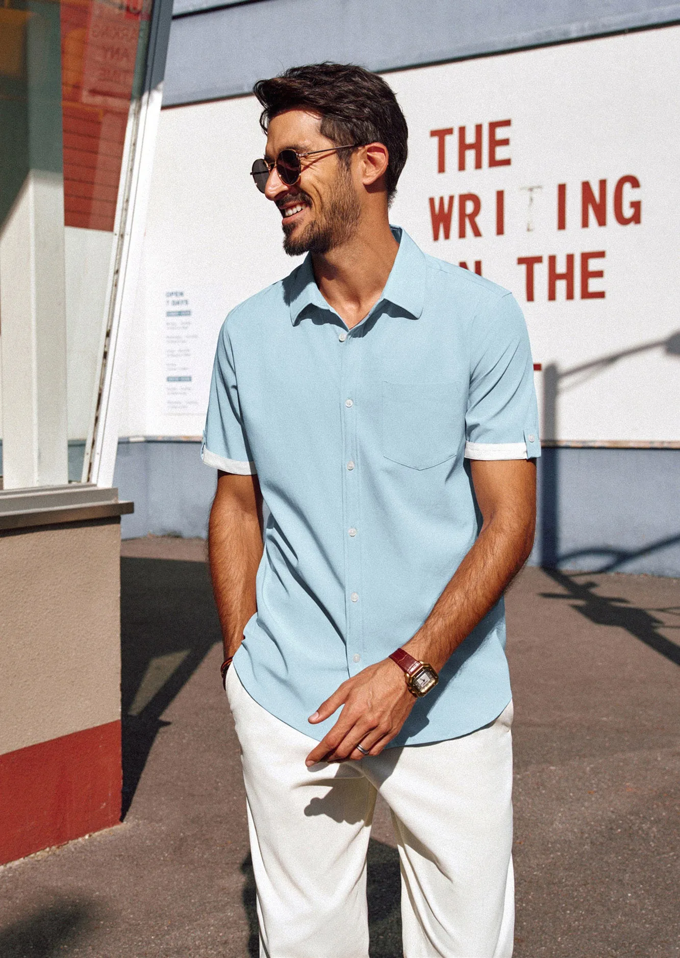 Men Straight Shirt Casual Short Sleeve Lapel Collar Button-up Tops