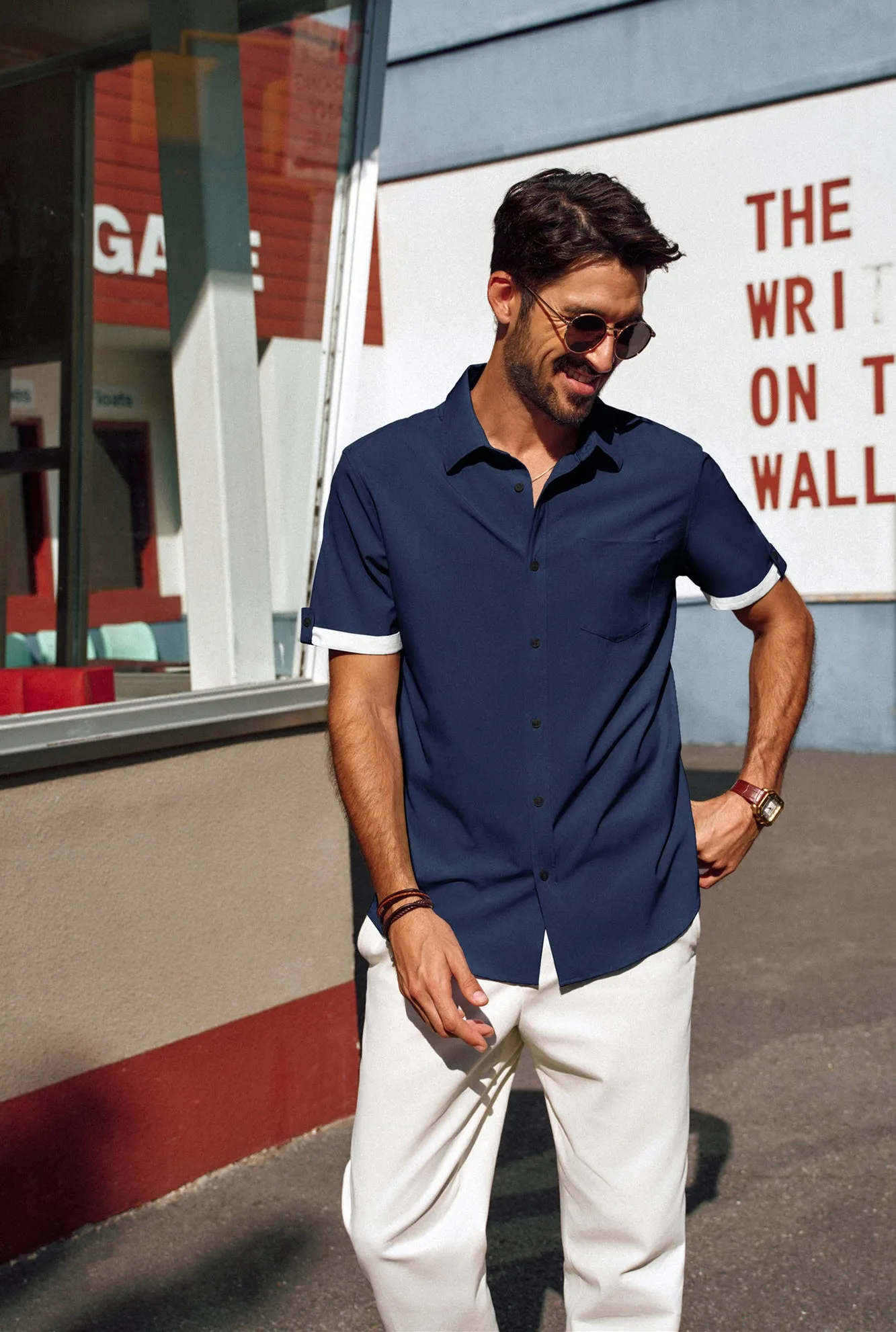Men Straight Shirt Casual Short Sleeve Lapel Collar Button-up Tops