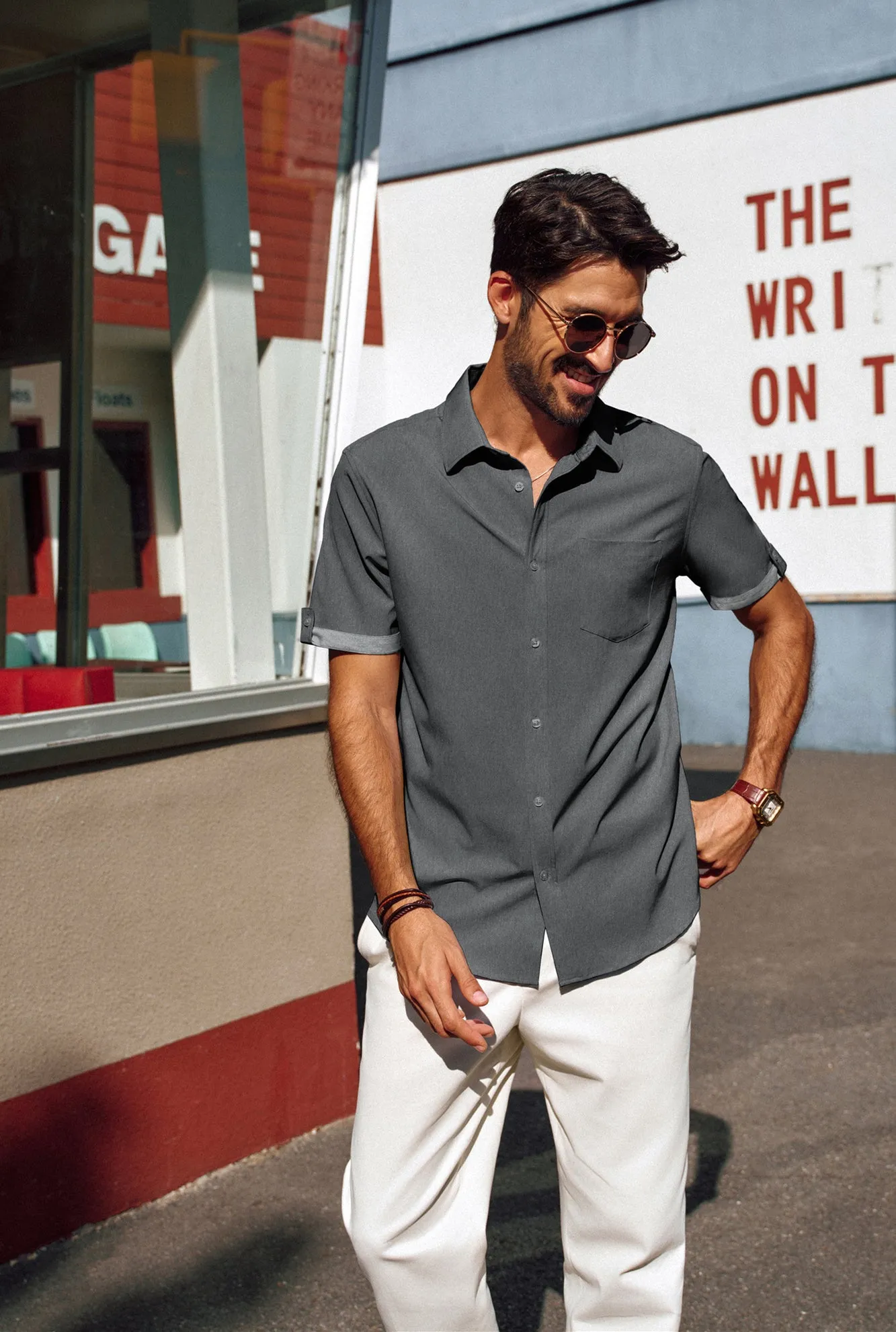 Men Straight Shirt Casual Short Sleeve Lapel Collar Button-up Tops
