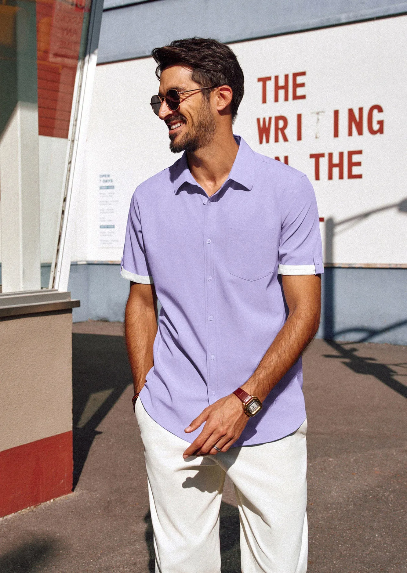 Men Straight Shirt Casual Short Sleeve Lapel Collar Button-up Tops