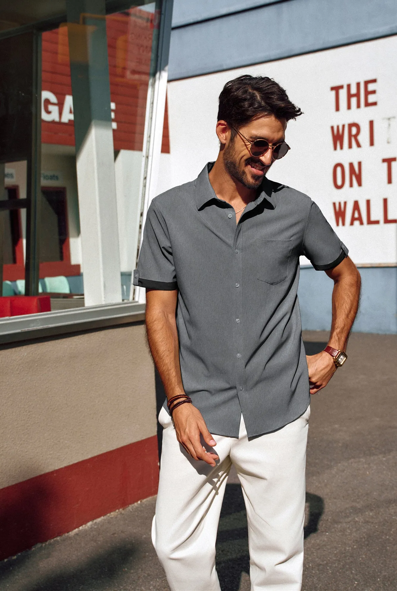 Men Straight Shirt Casual Short Sleeve Lapel Collar Button-up Tops