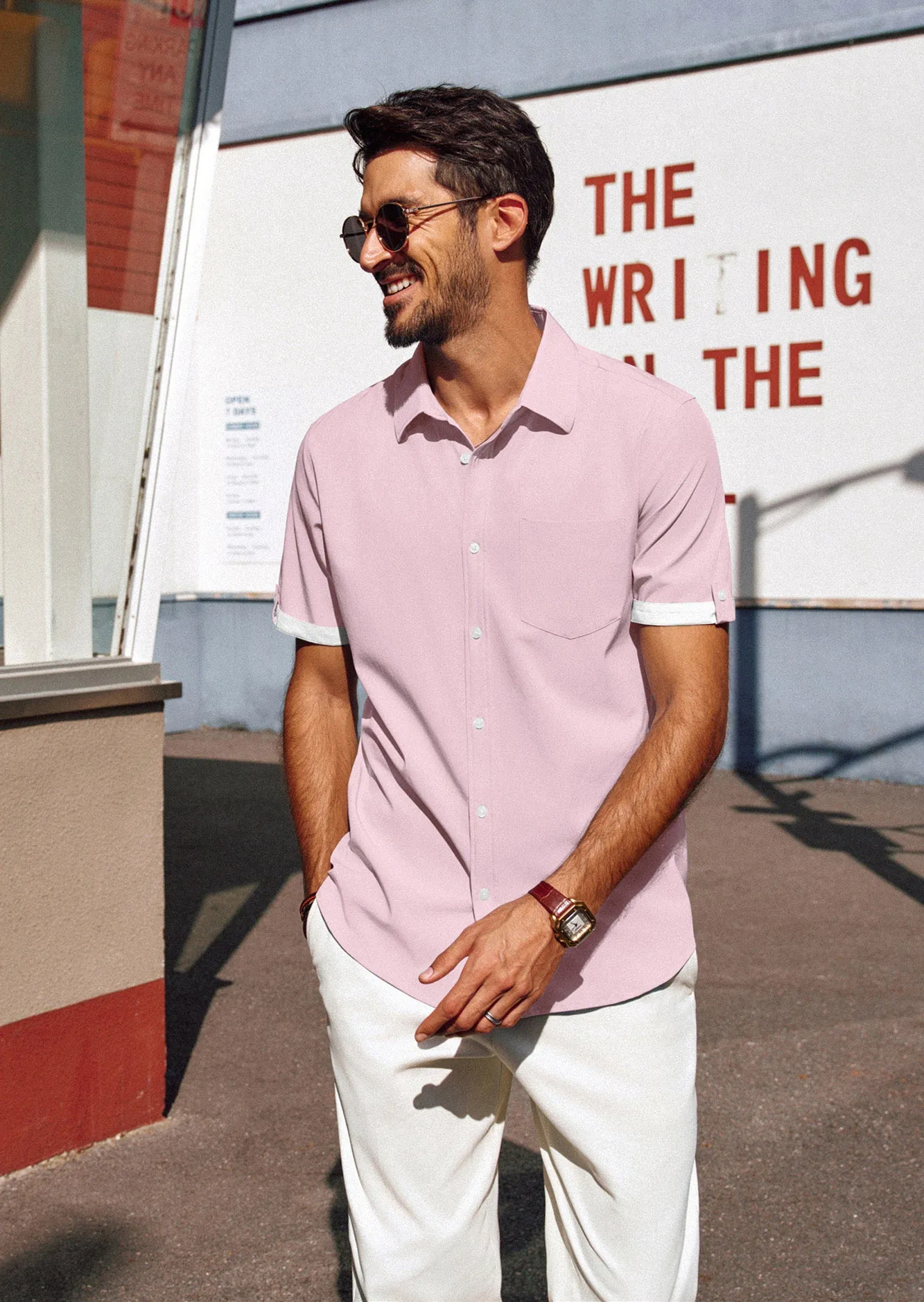 Men Straight Shirt Casual Short Sleeve Lapel Collar Button-up Tops