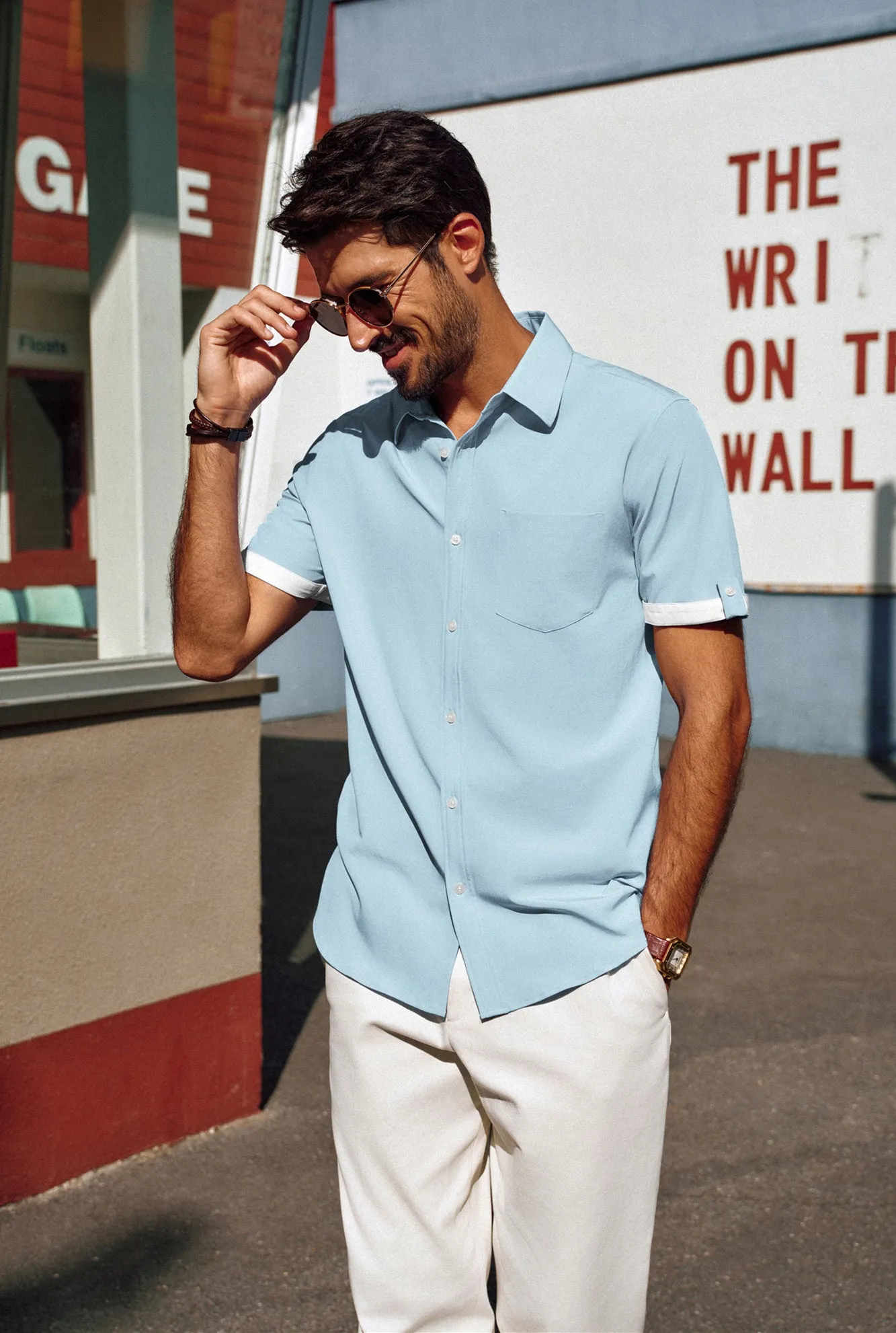 Men Straight Shirt Casual Short Sleeve Lapel Collar Button-up Tops