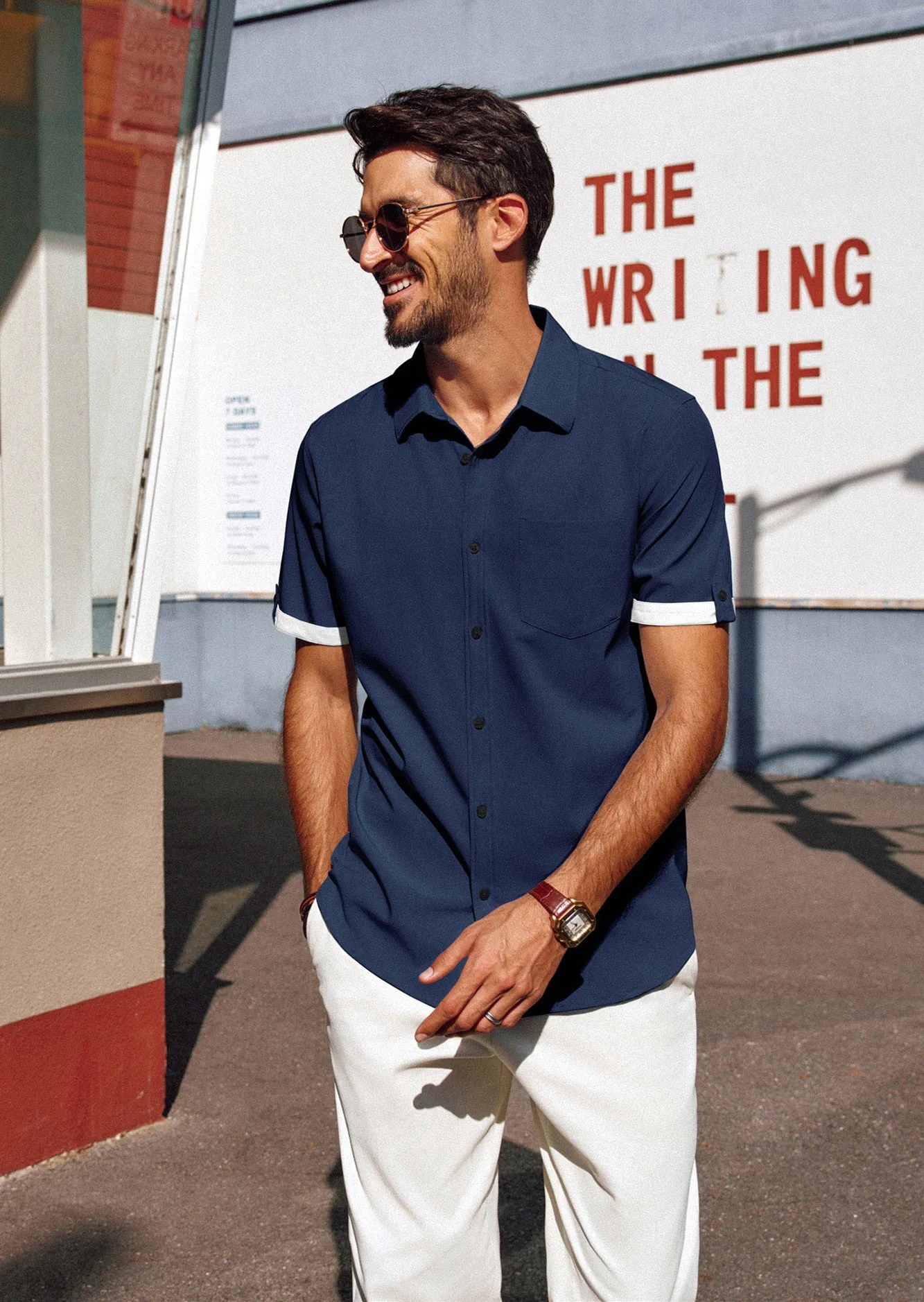 Men Straight Shirt Casual Short Sleeve Lapel Collar Button-up Tops