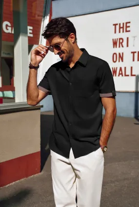 Men Straight Shirt Casual Short Sleeve Lapel Collar Button-up Tops