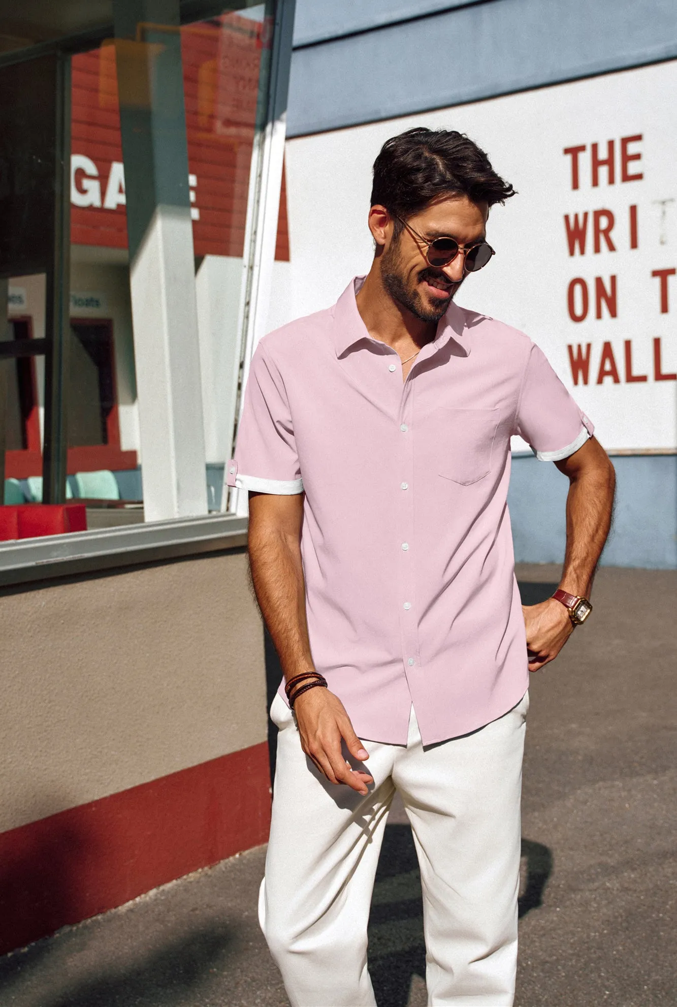 Men Straight Shirt Casual Short Sleeve Lapel Collar Button-up Tops