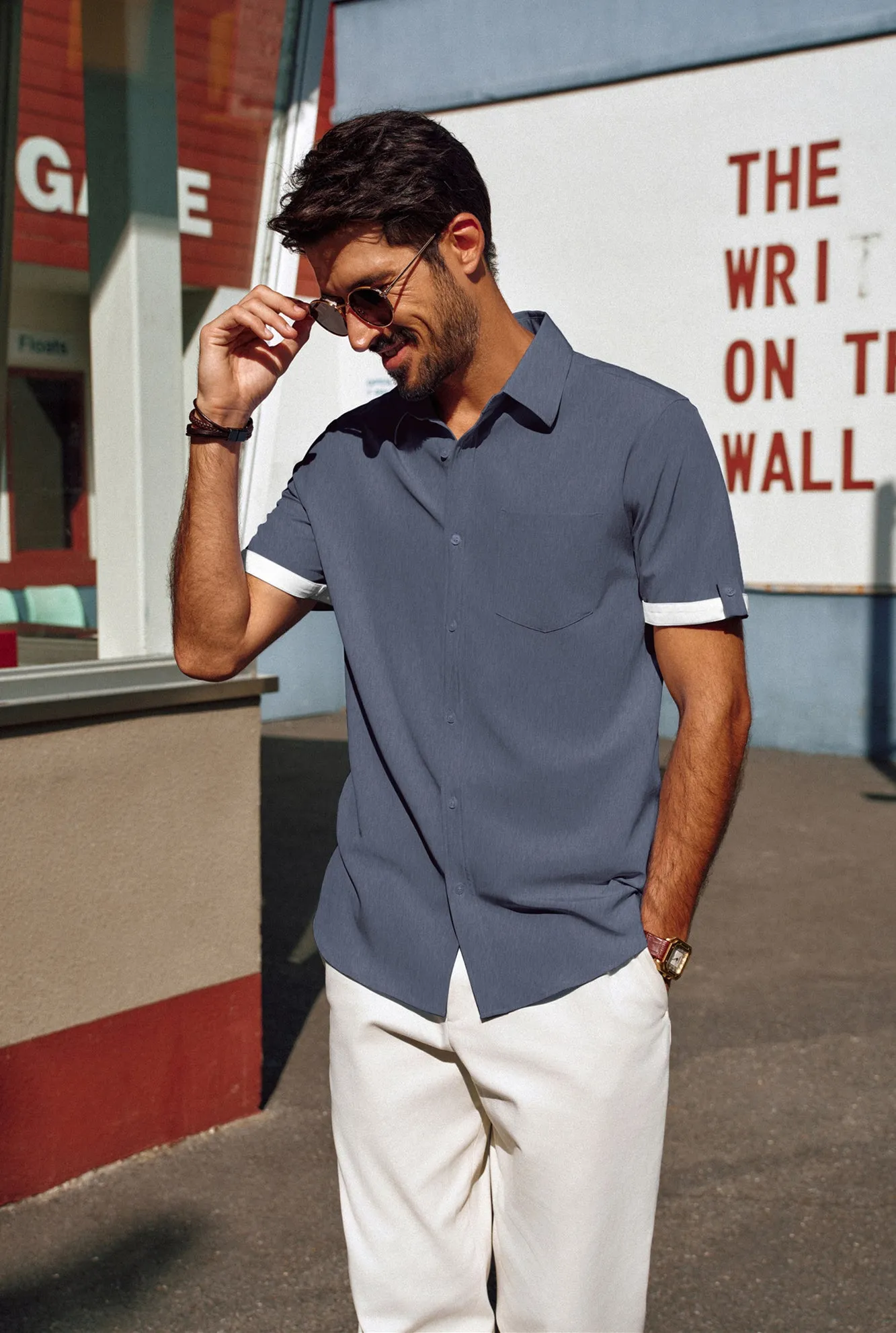 Men Straight Shirt Casual Short Sleeve Lapel Collar Button-up Tops