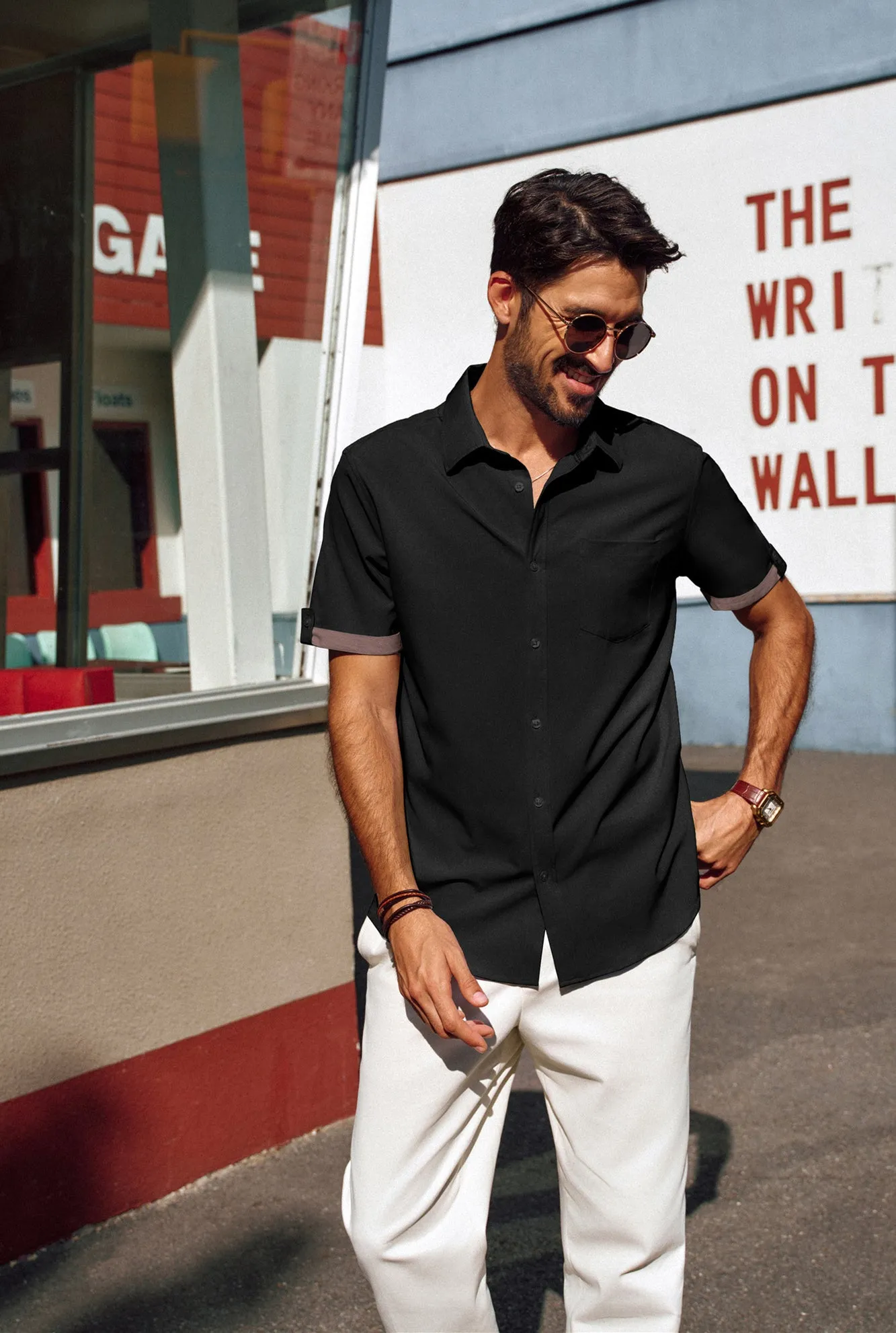 Men Straight Shirt Casual Short Sleeve Lapel Collar Button-up Tops