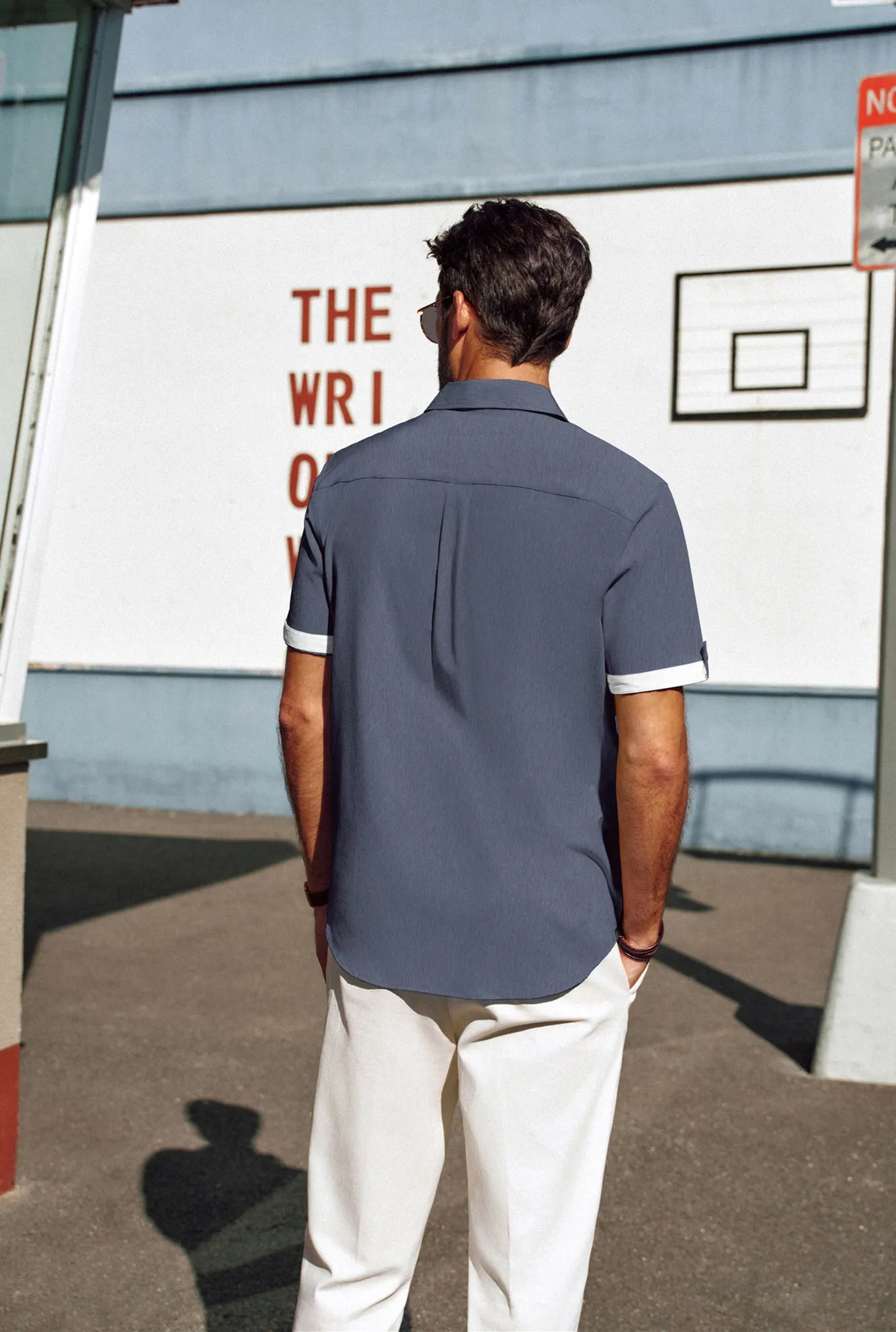 Men Straight Shirt Casual Short Sleeve Lapel Collar Button-up Tops