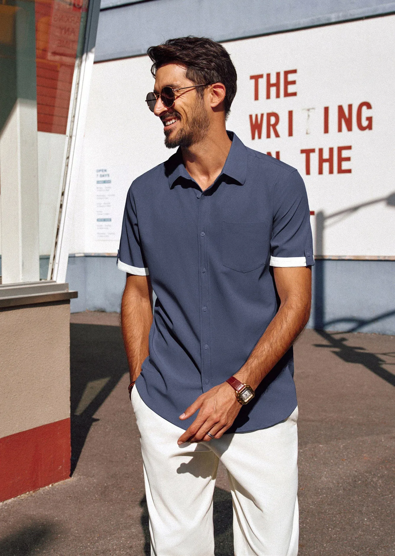 Men Straight Shirt Casual Short Sleeve Lapel Collar Button-up Tops