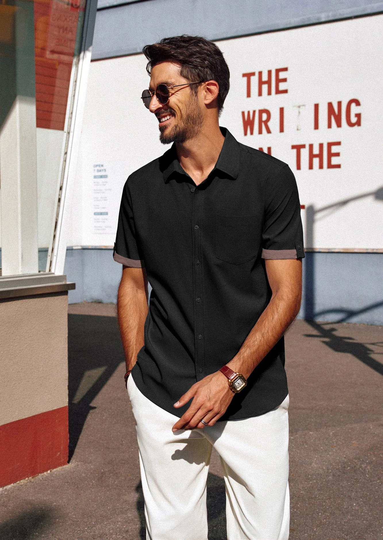Men Straight Shirt Casual Short Sleeve Lapel Collar Button-up Tops